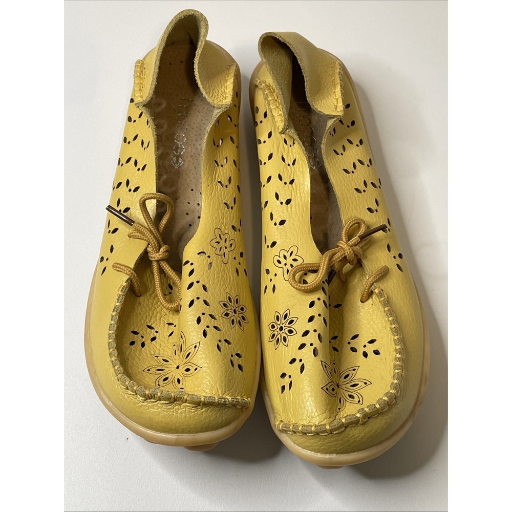 Socofy Women US 11 11.5 EU 42 Yellow Leather Floral Cutout Lace Up Shoes